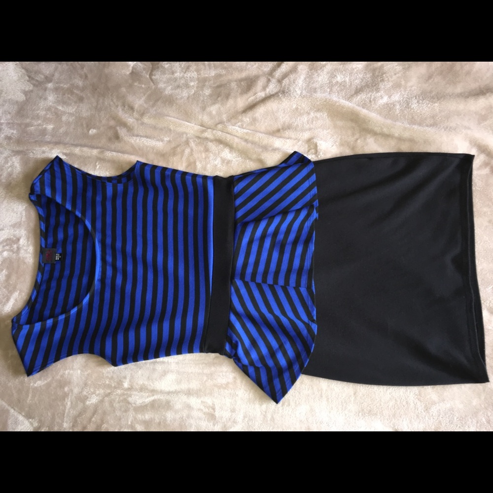 Black and blue striped peplum dress