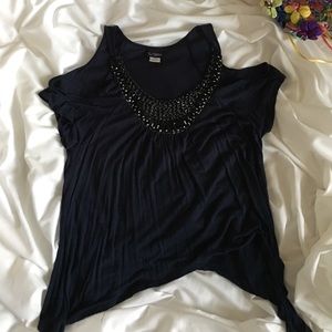 Daytrip, blue off the shoulder blouse.