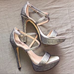 Vince Camilo Silver Satin Rhinestone Heels size 6