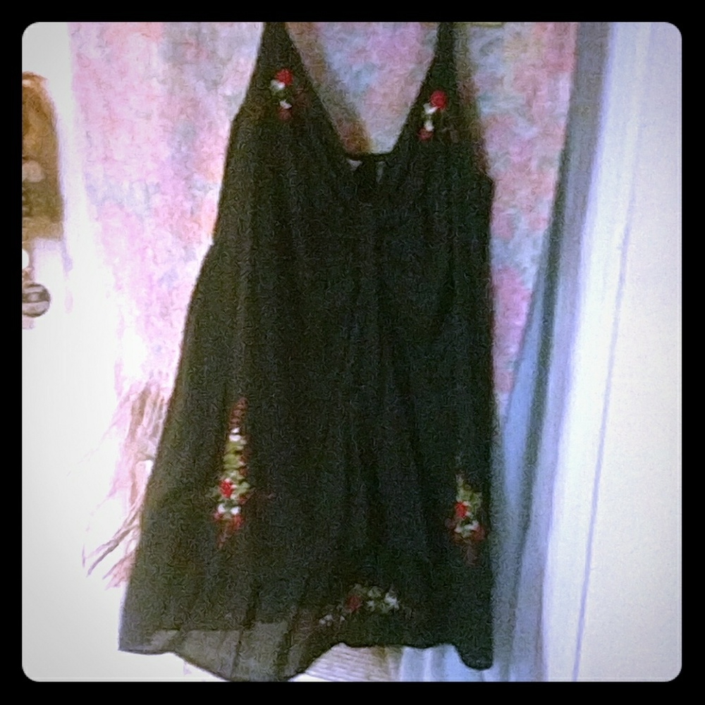 Black with embroidery sun dress with back rouching