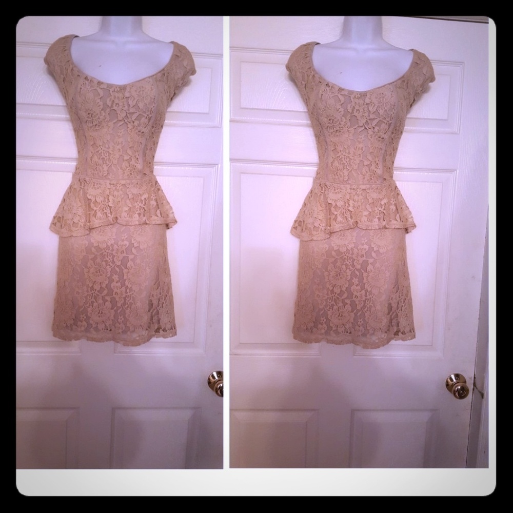 Camel tan lace knit pepulum dress