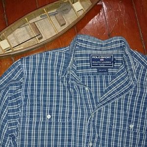 HPx2!! Polo Sport blue & white plaid button down