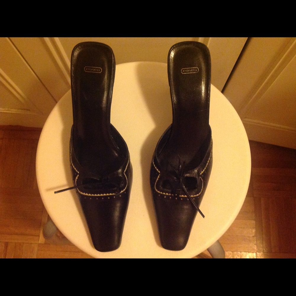 Coach Black Leather Mules with Stitched Bow