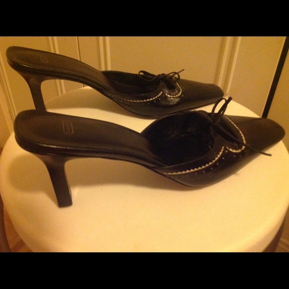 Coach Black Leather Mules with Stitched Bow - Picture 2 of 8