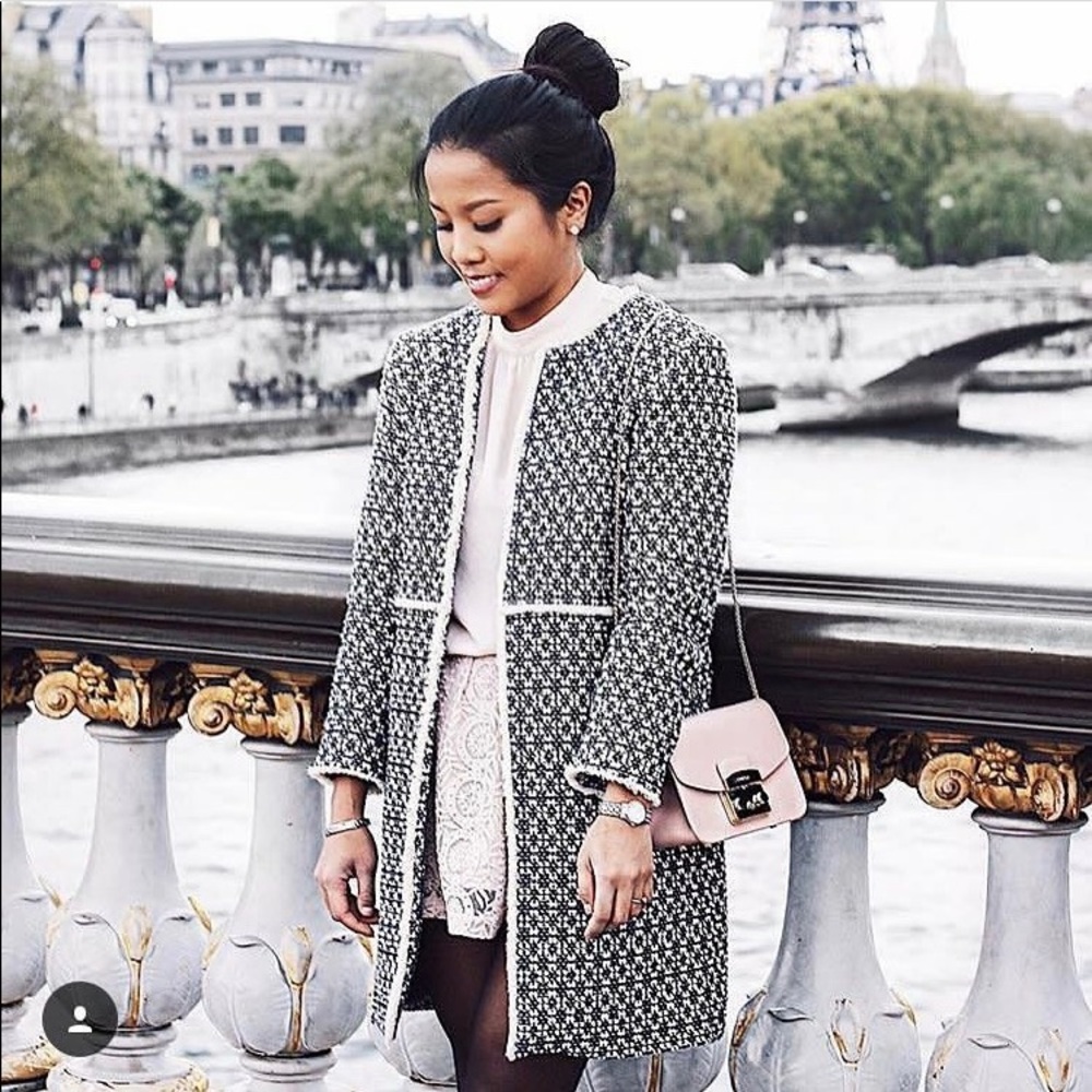 Zara "THAT Coat" Blue Tweed Frayed Printed Coat