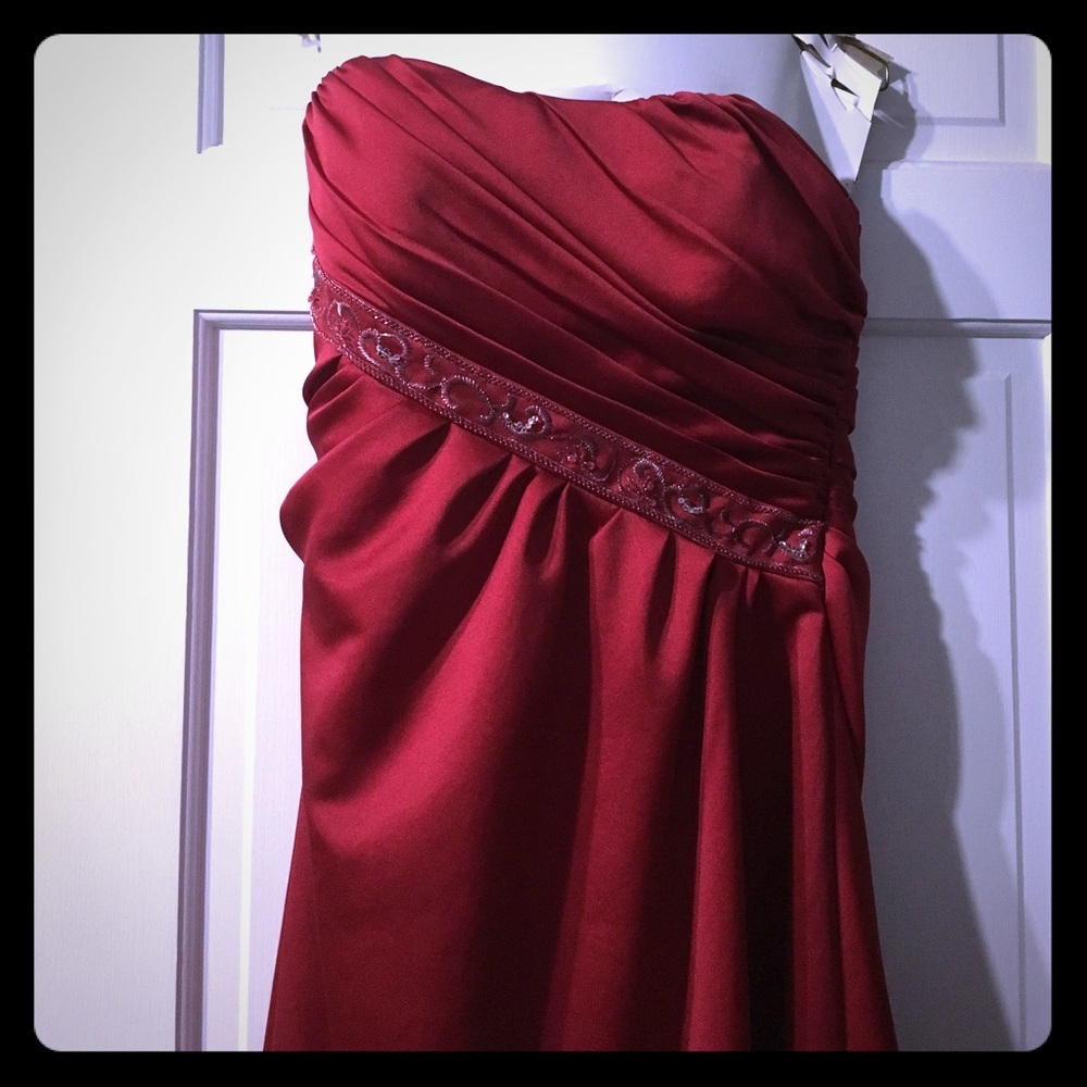 Red strapless evening gown