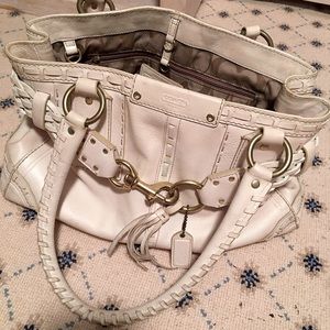 White Leather Coach Tote with Tassel