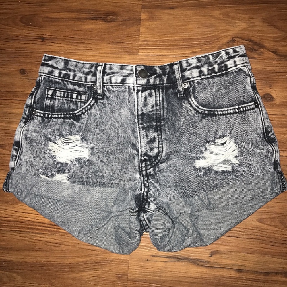 Faded Black Destroyed High Waisted Denim Shorts