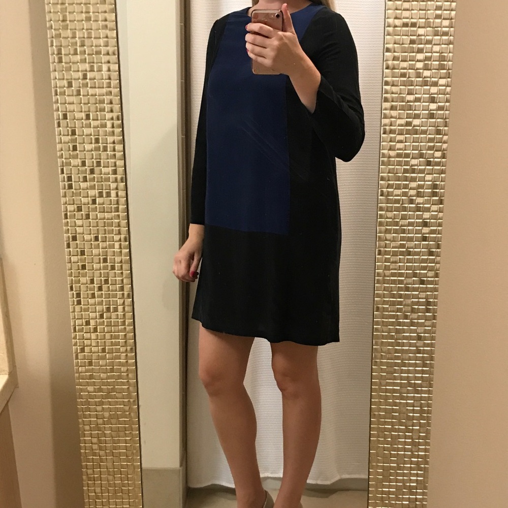 Long sleeve black and blue Madewell sheath dress