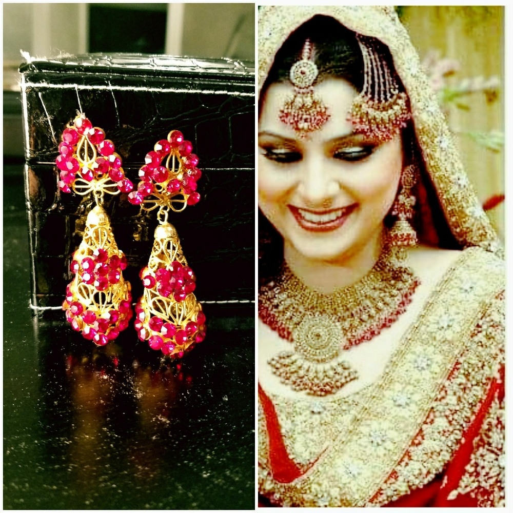 Goldtone red stone cone jhumka earrings