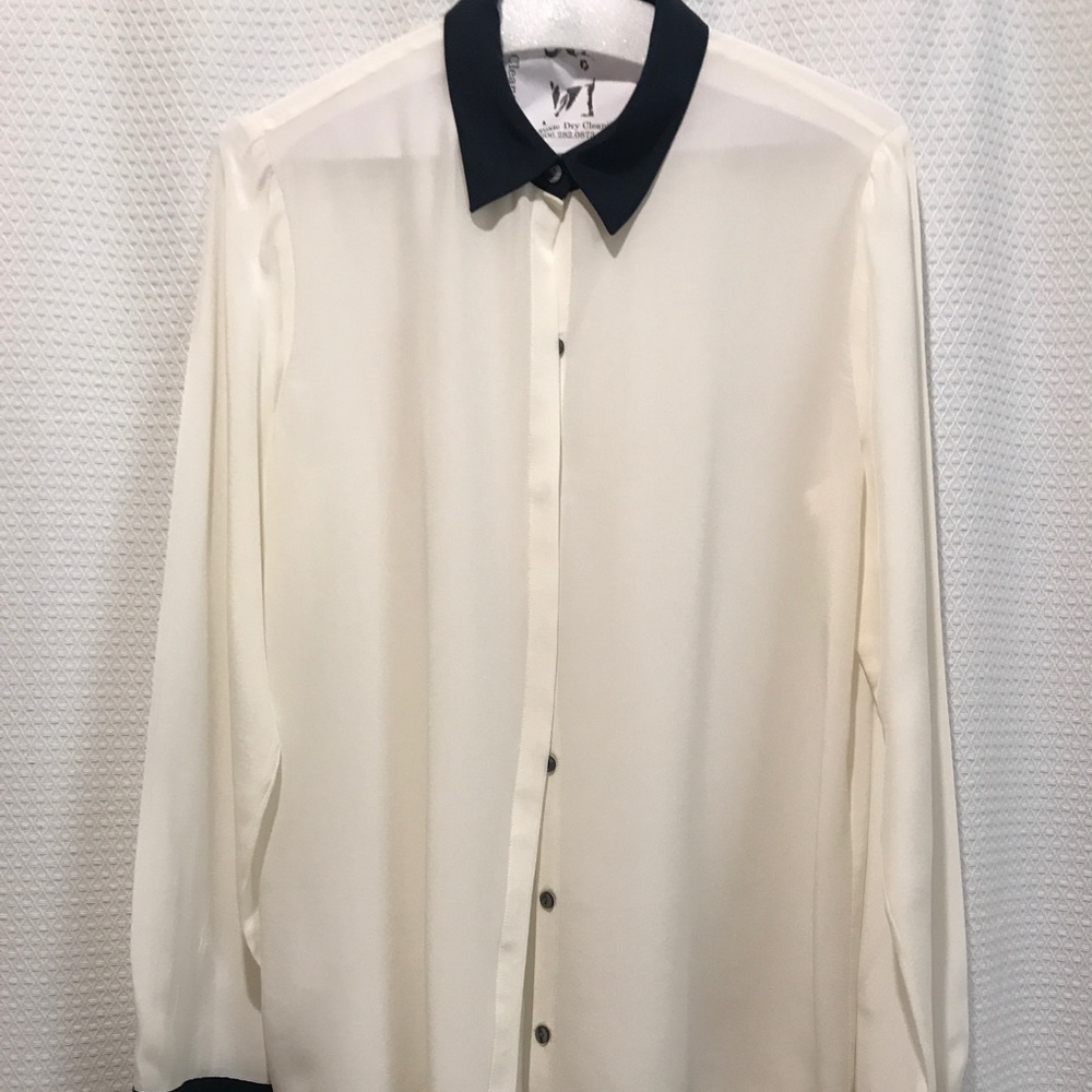 White and navy sheer blouse. NWOT
