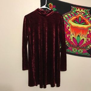 crushed wine red velvet mock neck dress