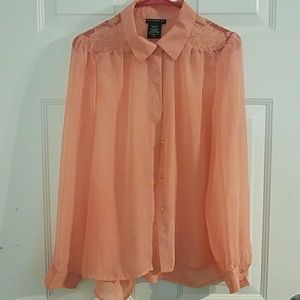Salmon colored button-up w/peek- a-boo back