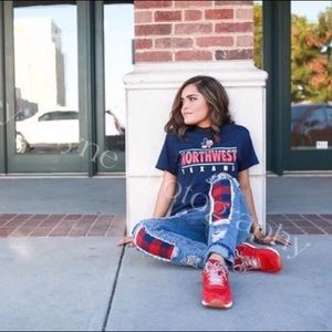 Ripped jeans red blue and denim.