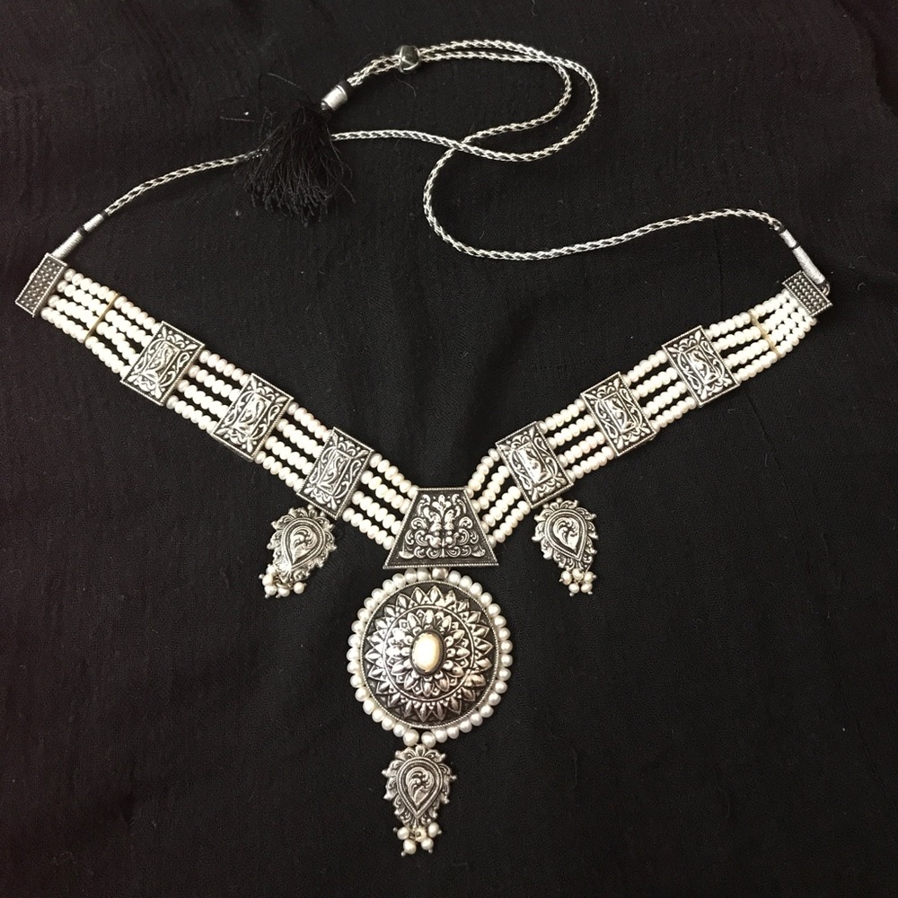 Indian Pearl and Engraved Silver choker necklace