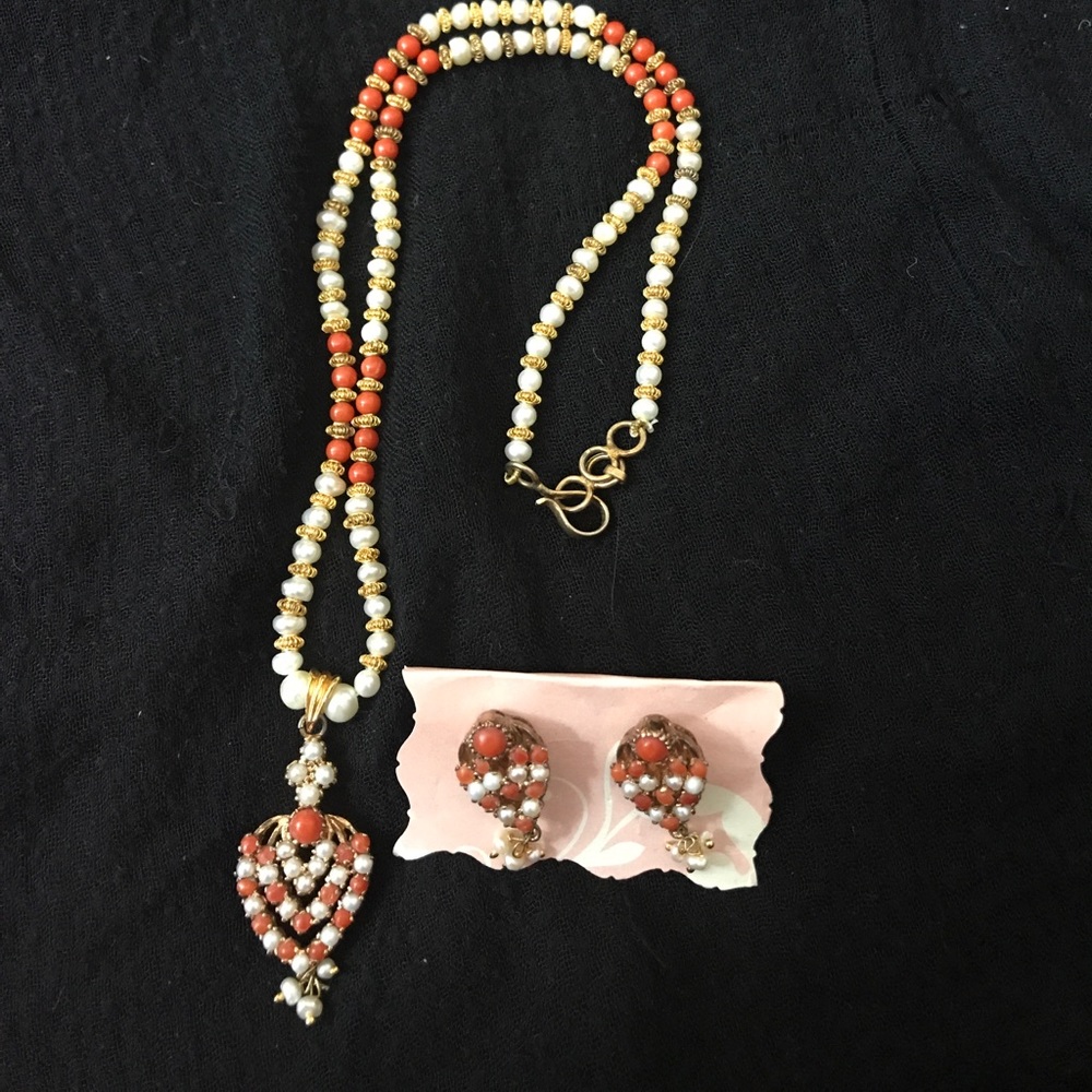 Gold Plated Orange and White Necklace + earrings
