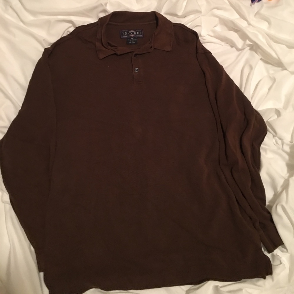Men's, long sleeve, brown shirt.