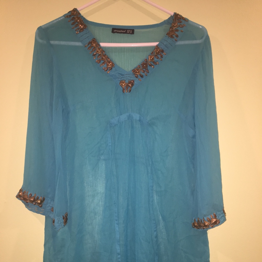 SHEER AQUA TUNIC WITH BRASS METAL DETAILING