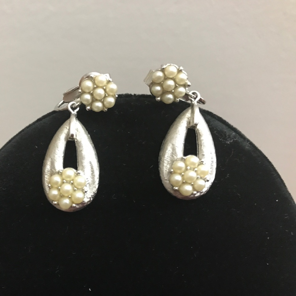 Trifari Silver and Pearl Flower Earrings