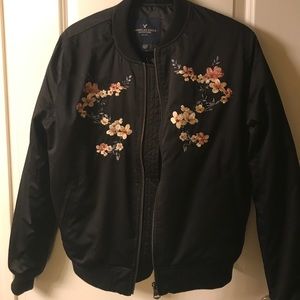 BRAND NEW BLACK BOMBER JACKET W FLOWER DETAILS!