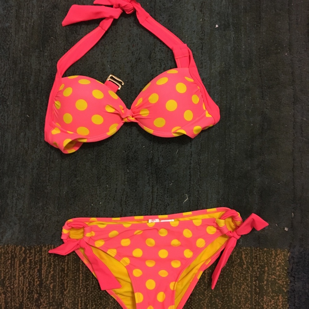 Pink and yellow polka dot bikini