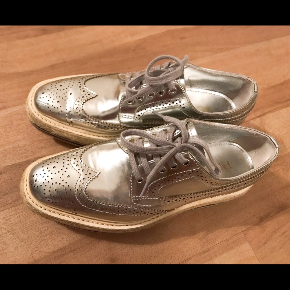 Prada Platform Oxford Silver Leather Fit 36-36.5