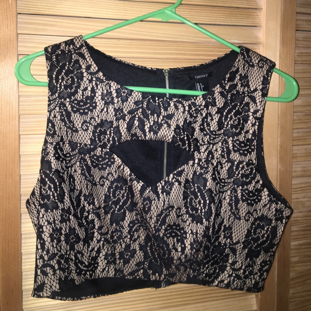 Nude black lace crop top