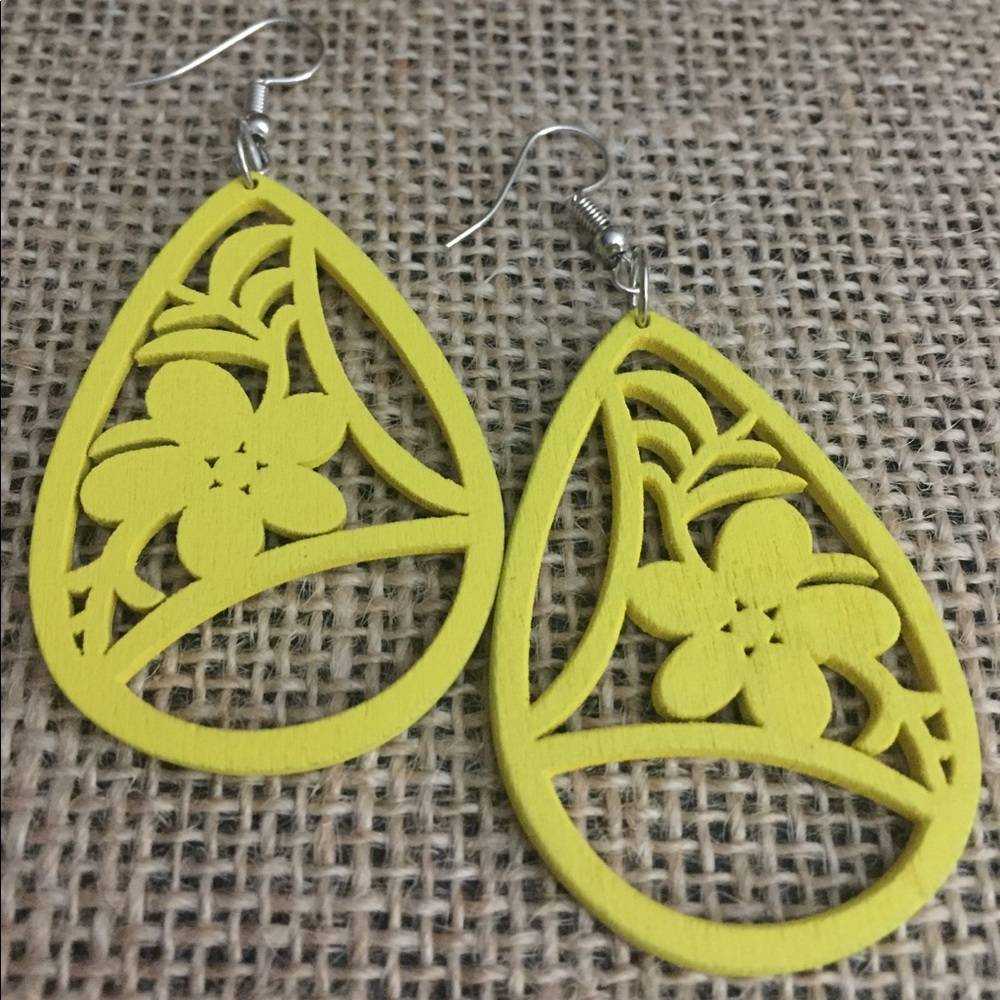 Wood Floral Cutout Earrings, Lemon Yellow - Picture 2 of 4