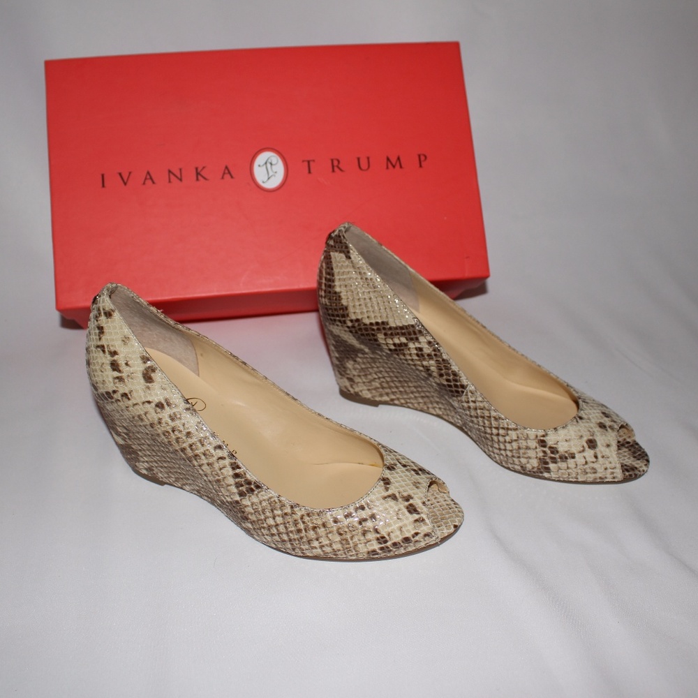 Ivanka Trump Peep-Toe Leather Snake Python Wedges