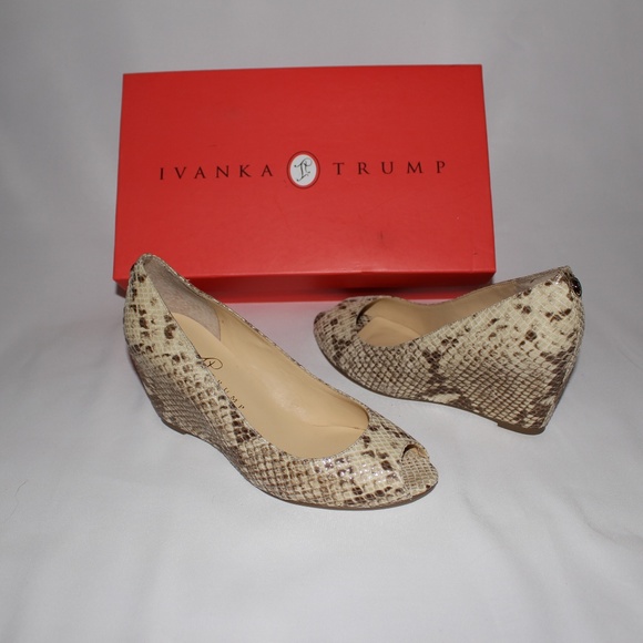 Ivanka Trump Peep-Toe Leather Snake Python Wedges - Picture 2 of 8