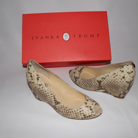 Ivanka Trump Peep-Toe Leather Snake Python Wedges - Picture 3 of 8