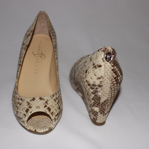 Ivanka Trump Peep-Toe Leather Snake Python Wedges - Picture 4 of 8
