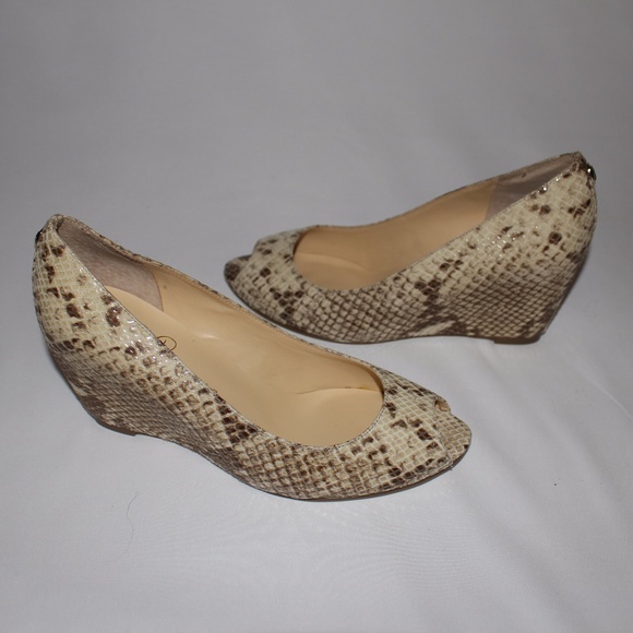 Ivanka Trump Peep-Toe Leather Snake Python Wedges - Picture 5 of 8
