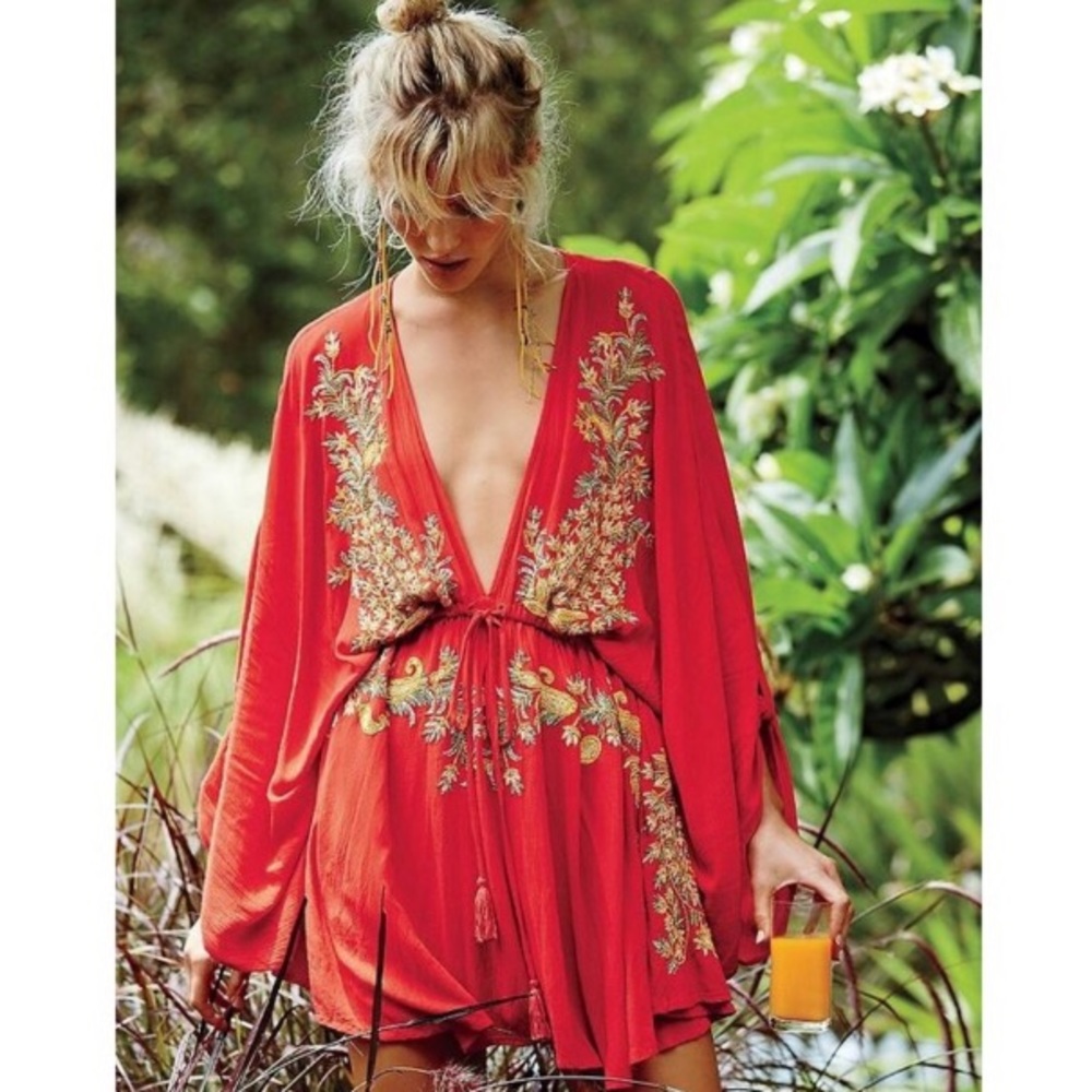 Free People Red Pineapple Embroidered Dress