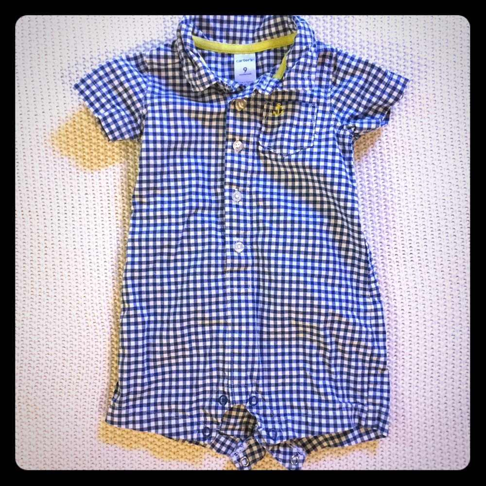 Blue and white checkered romper baby boy