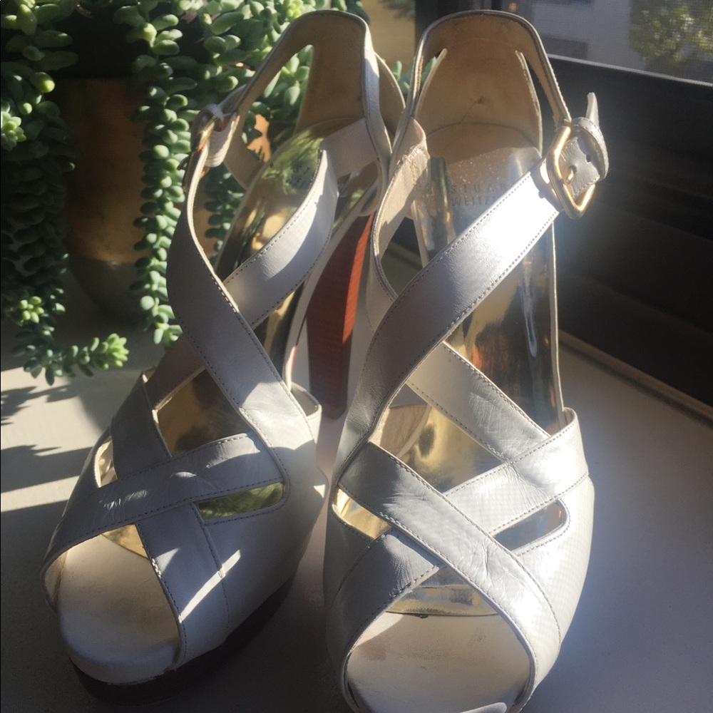 Stuart Weitzman white leather platform heels US8
