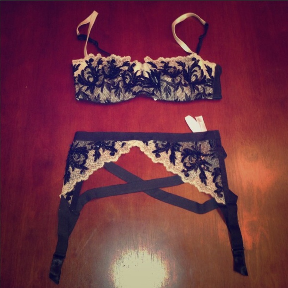 Victoria's Secret Lace & Sequins Bra & Garter Set
