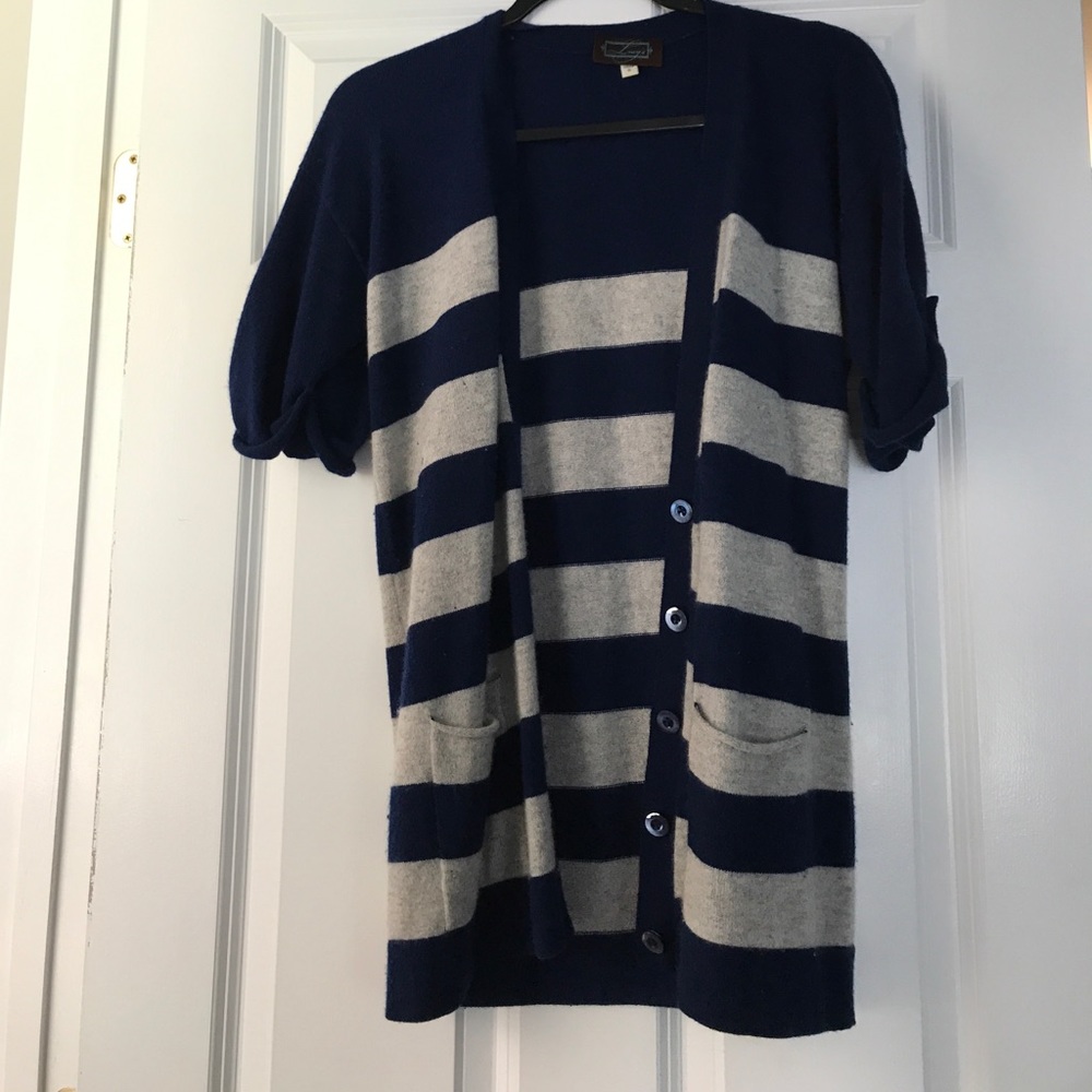Cashmere cardigan blue and grey stripe