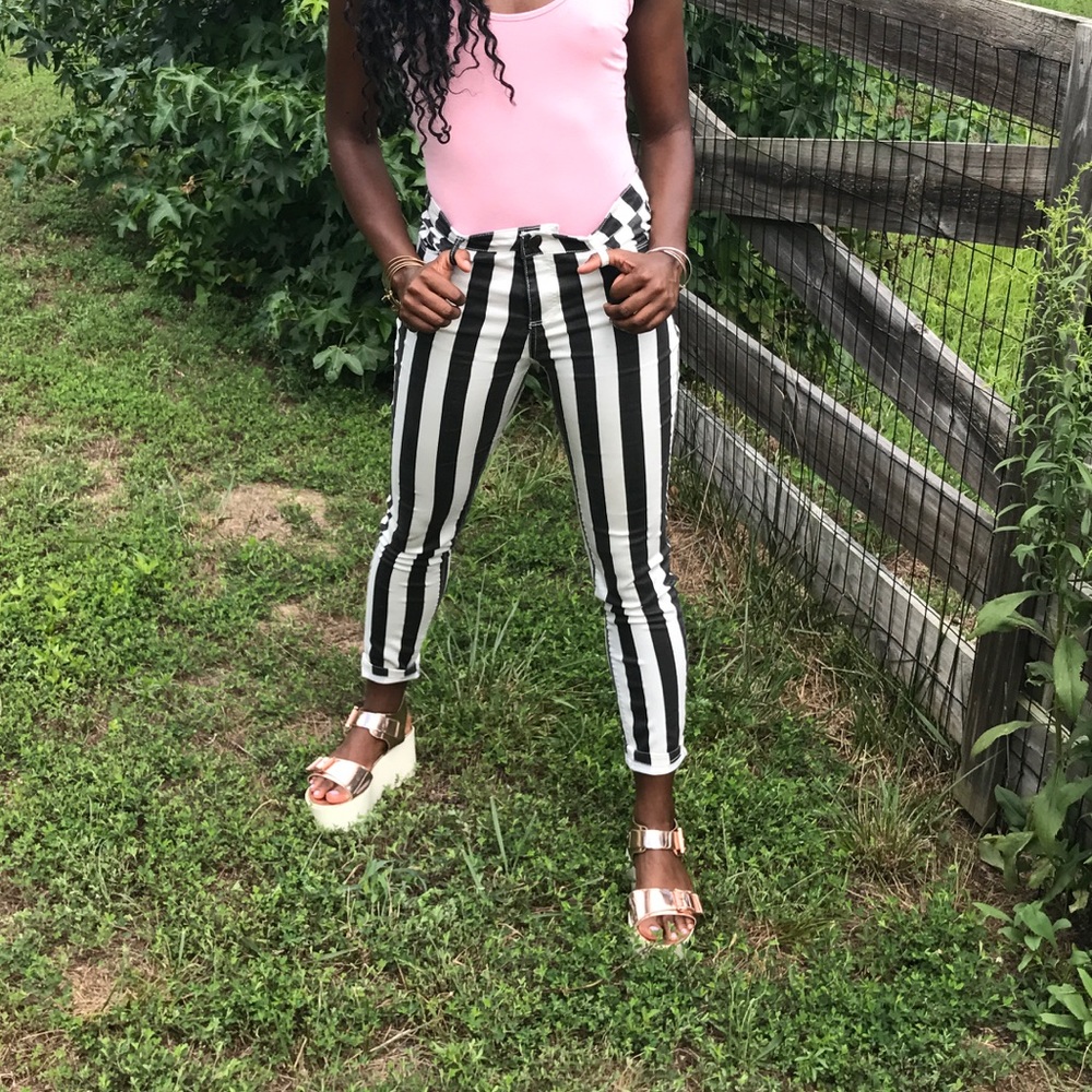 black and white striped pants (denim material)