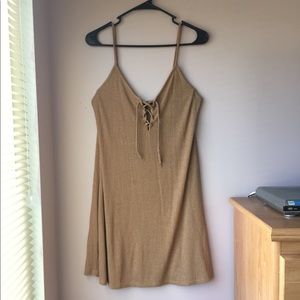 Tan Ribbed Knit Lace Up Dress