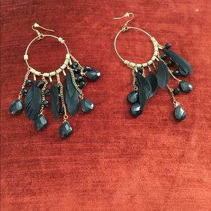 Gold Color Earrings with Black Feathers