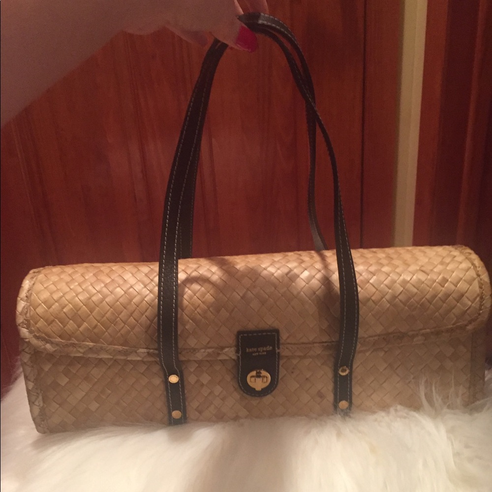 Kate Spade Wicker shoulder Bag black leather trim