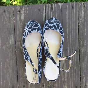 Marc Fischer white embroidered black wedges