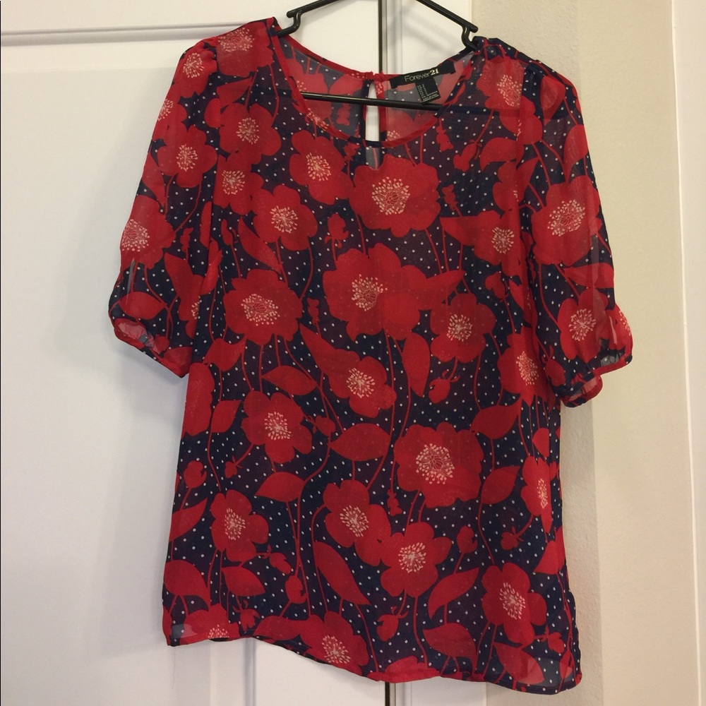 Forever 21 Navy and Red Floral Print Blouse