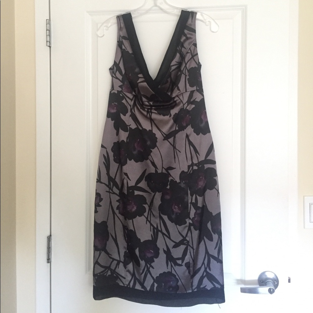 Jones gray and deep purple floral cocktail dress