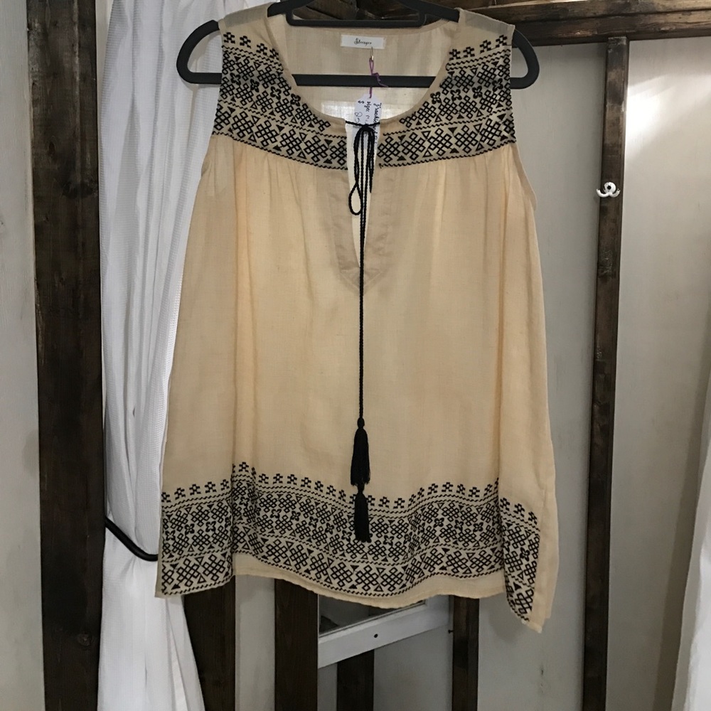 Tan and black embroidered top