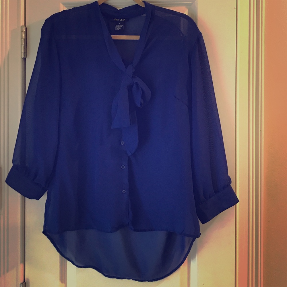 Royal Blue Tie-Neck Sheer Blouse