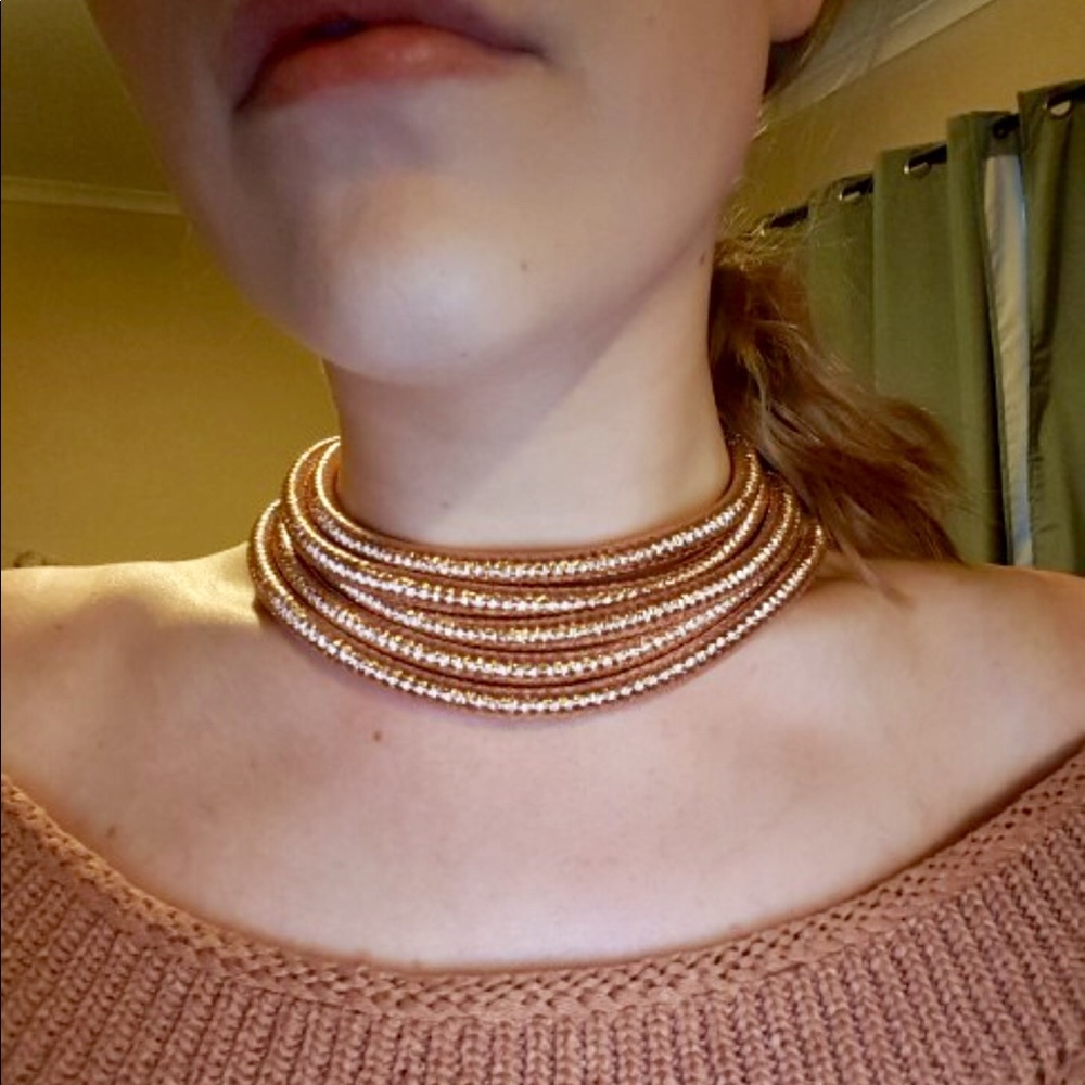 Gold, Rose or Black 5 Ring Collar Statement Choker - Picture 2 of 8