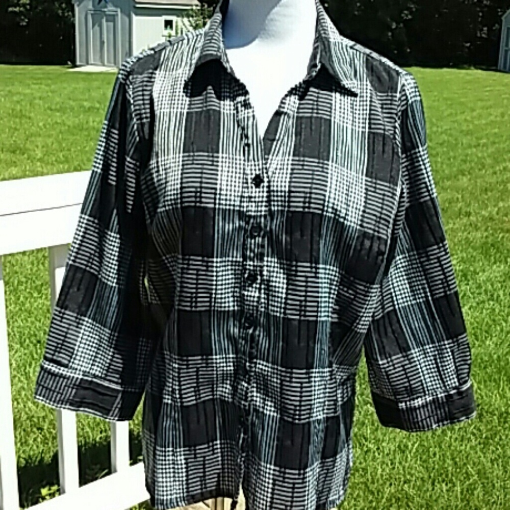 Croft & Barrow Black Plaid Blouse size XL