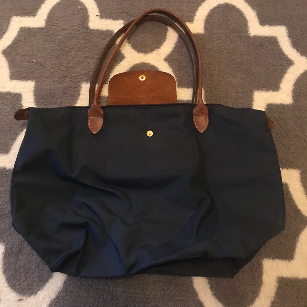 Longchamp medium size navy and brown tote